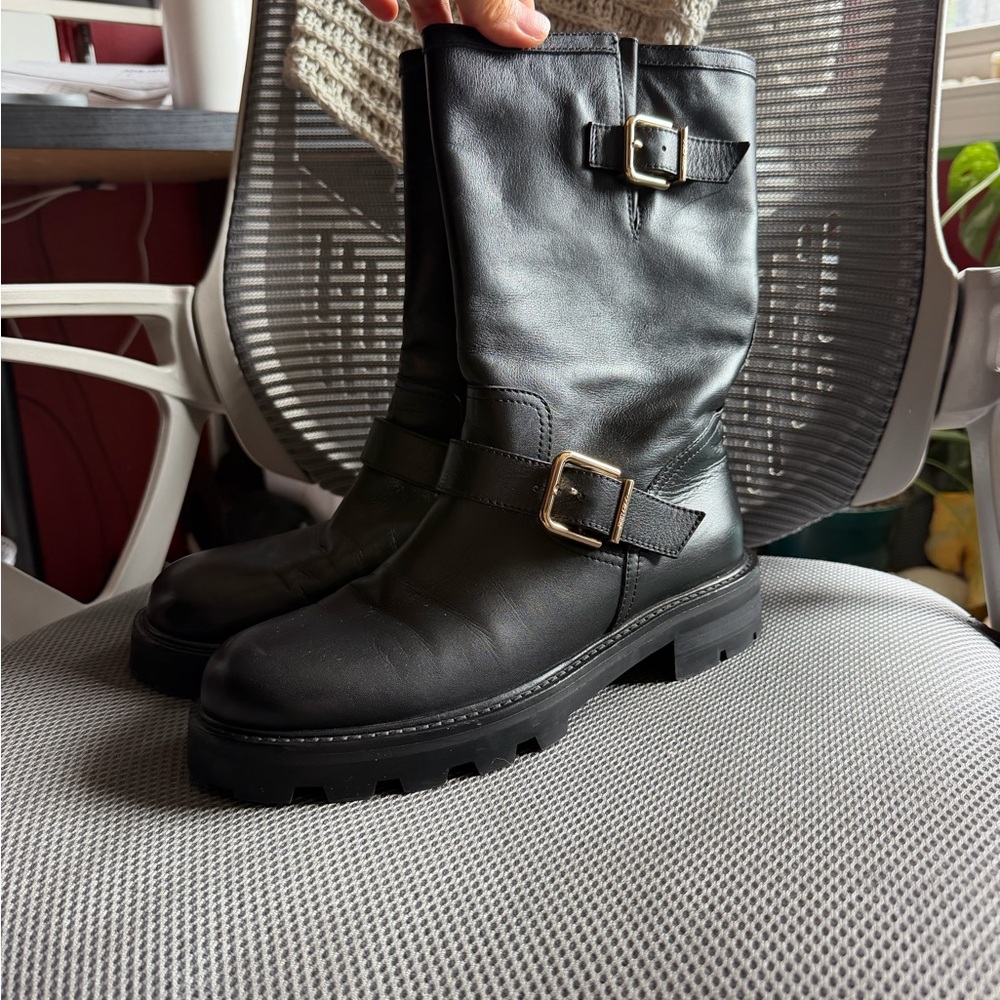 Black Leather Mid-Calf Buckle Boots Jimmy choo